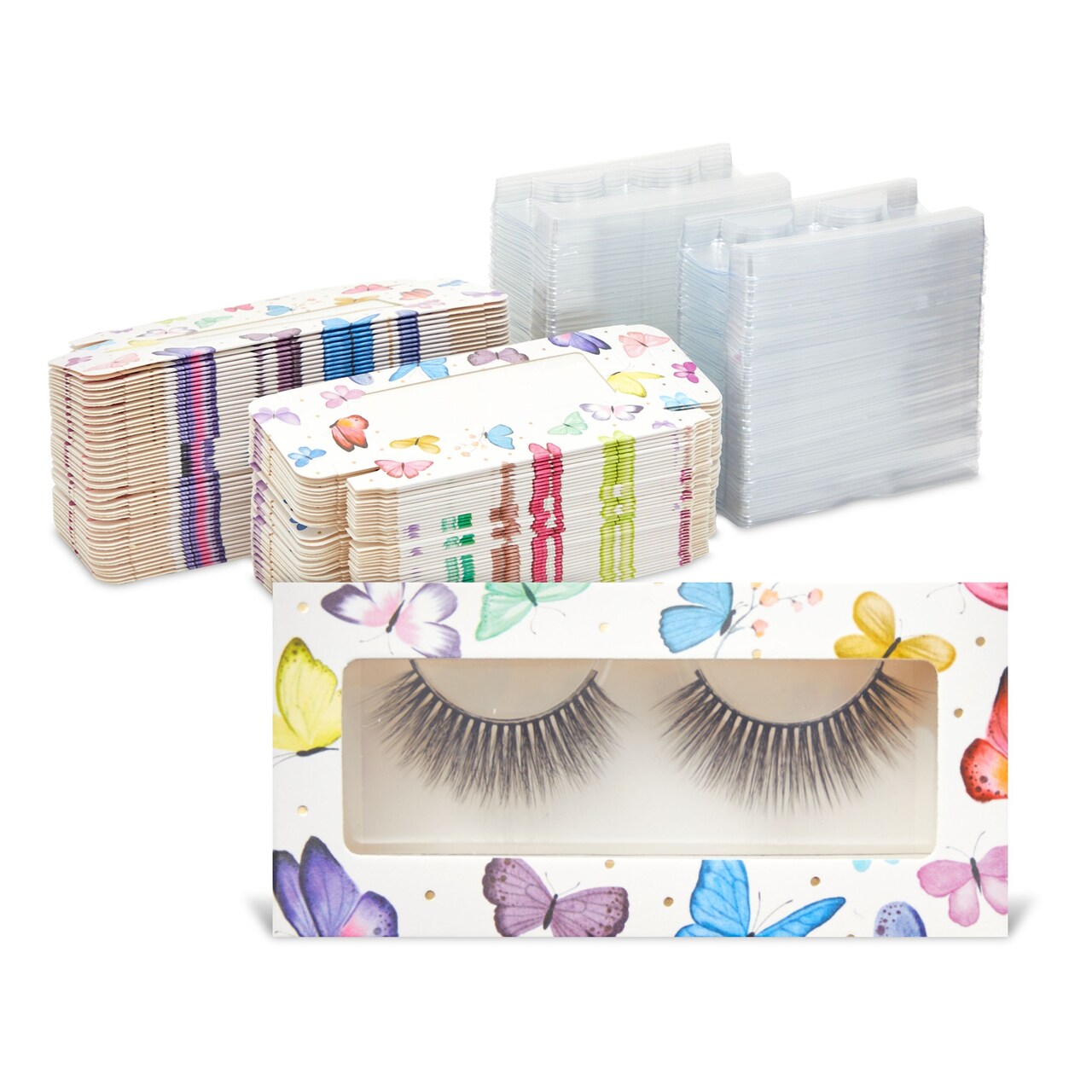 100 Pack Empty Eyelash Packaging Box with Tray, Pastel Butterfly False Lash Holder Case for Wholesale